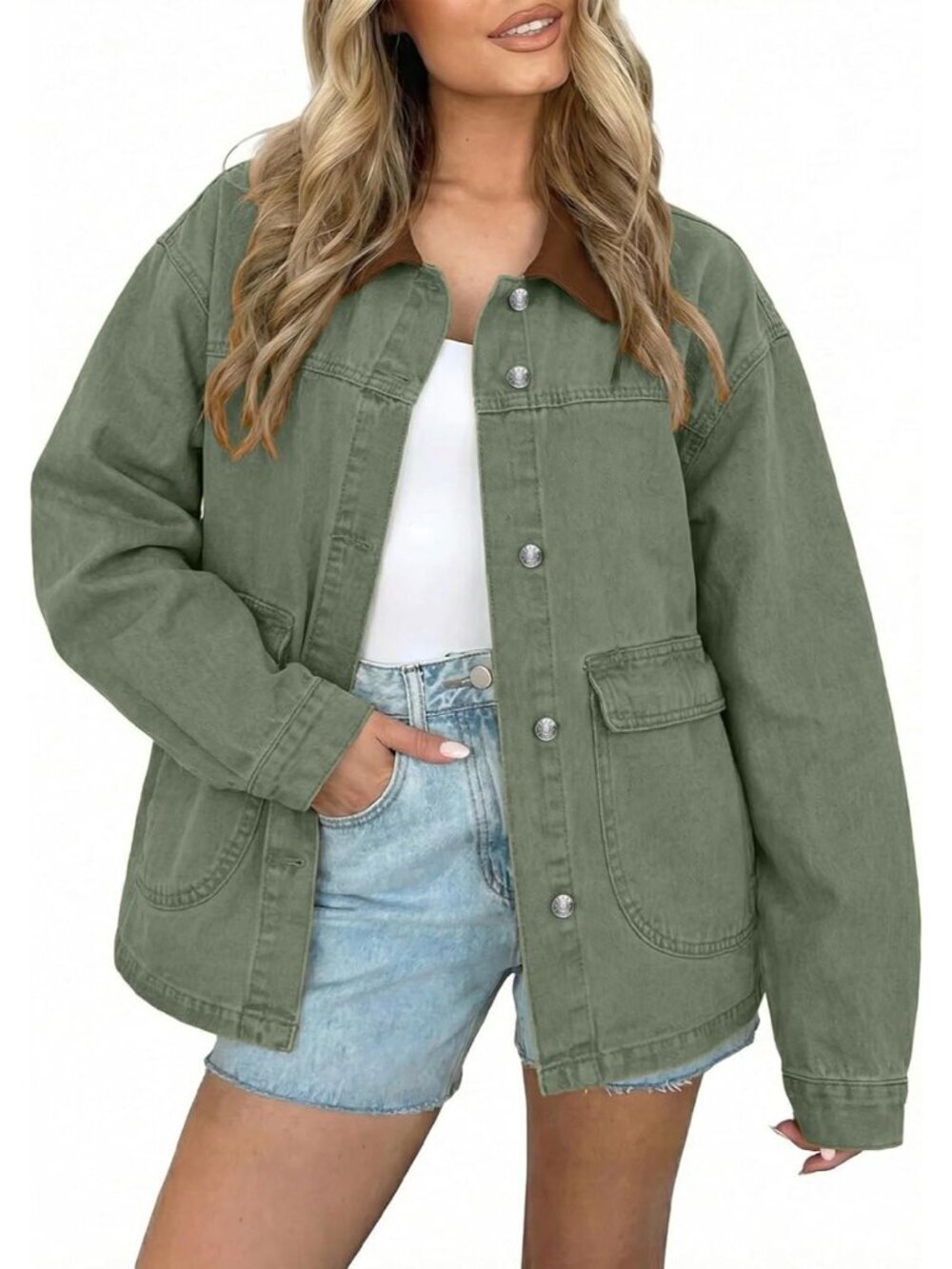 Women's Oversized Jean Jacket Button Down Contrast Trim Barn Jackets Trendy Boyf